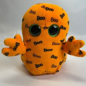 Ty Beanie Boos Ghoulie Orange Ghost Halloween Plush Boo Print Green Glitter Eyes